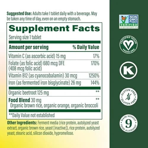 MegaFood Blood Builder Iron Supplement Vegan 180 Tablets | Energy Support with Iron Bisglycinate & B12 thumbnail 3