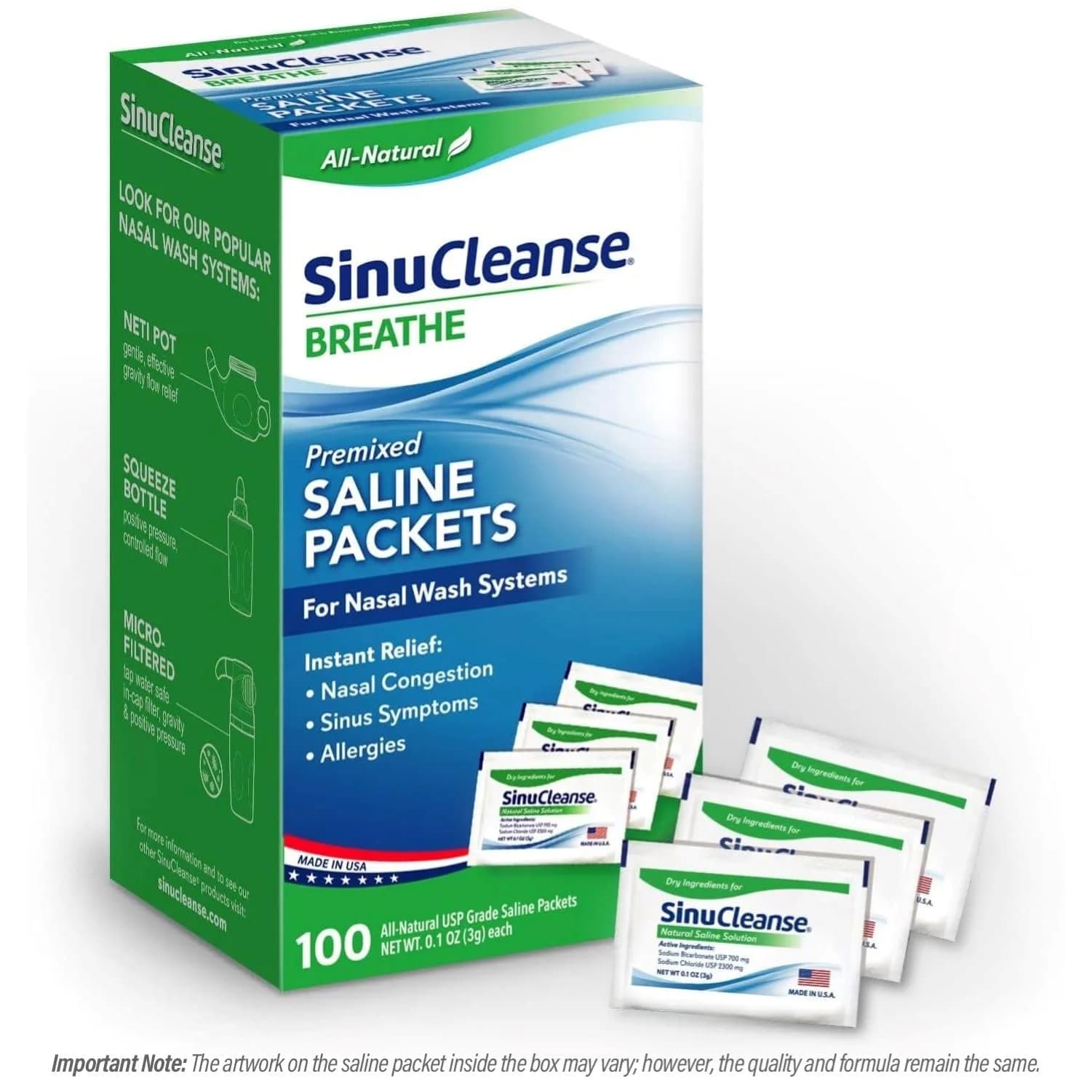 SinuCleanse 100 Pre-Mixed Saline Packets for Sinus Rinse Systems | All-Natural, Pharmaceutical Grade & PH Balanced Saline Packets for Neti Pots & Nasal Wash Systems, Made in USA - main product image