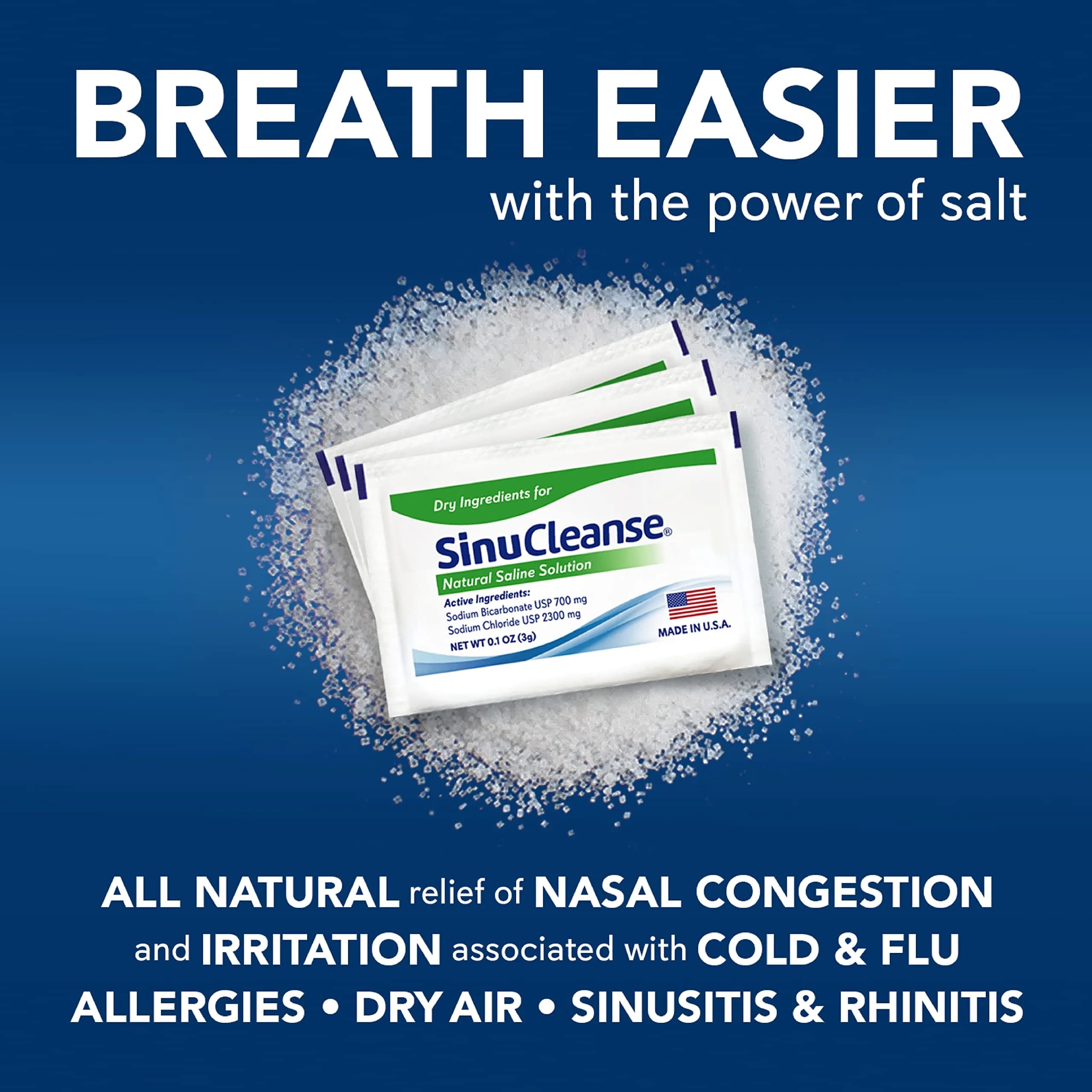 SinuCleanse 100 Pre-Mixed Saline Packets for Sinus Rinse Systems | All-Natural, Pharmaceutical Grade & PH Balanced Saline Packets for Neti Pots & Nasal Wash Systems, Made in USA - view 2