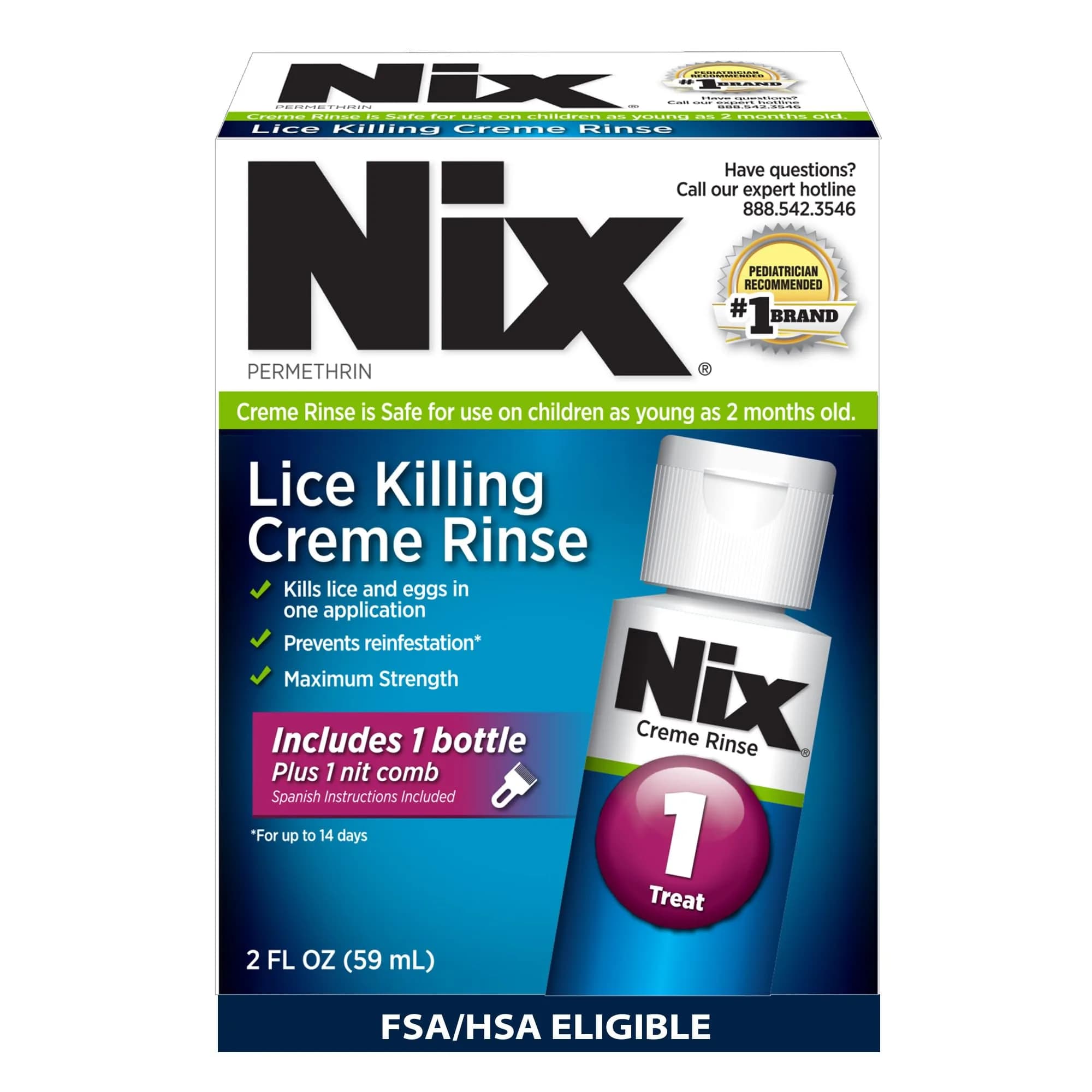 Nix Lice Treatment Kit Permethrin Crème Rinse & Lice Comb 2 Fl Oz (59 ml) | Pediatrician-Recommended Lice Removal