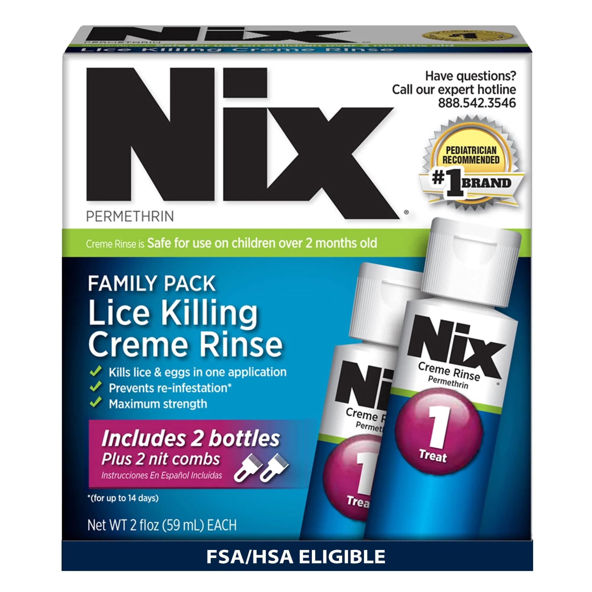 Nix Lice Treatment Family Pack Permethrin Crème Rinse 4 Fl Oz (2x2 Fl Oz Bottles) & 2 Lice Combs | Kills Lice and Eggs
