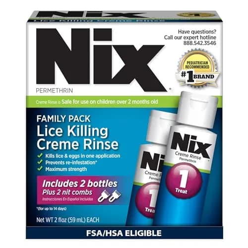 Nix Lice Treatment Family Pack Permethrin Crème Rinse 4 Fl Oz (2x2 Fl Oz Bottles) & 2 Lice Combs | Kills Lice and Eggs thumbnail 1