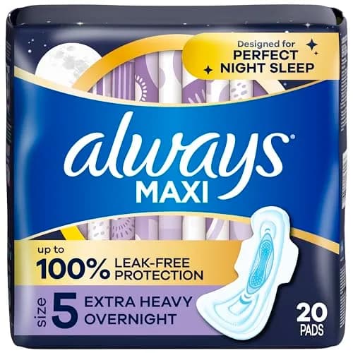 Always Maxi Feminine Pads Size 5 Extra Heavy Overnight With Wings Unscented 20 Count | 100% Leak Free Comfort thumbnail 1