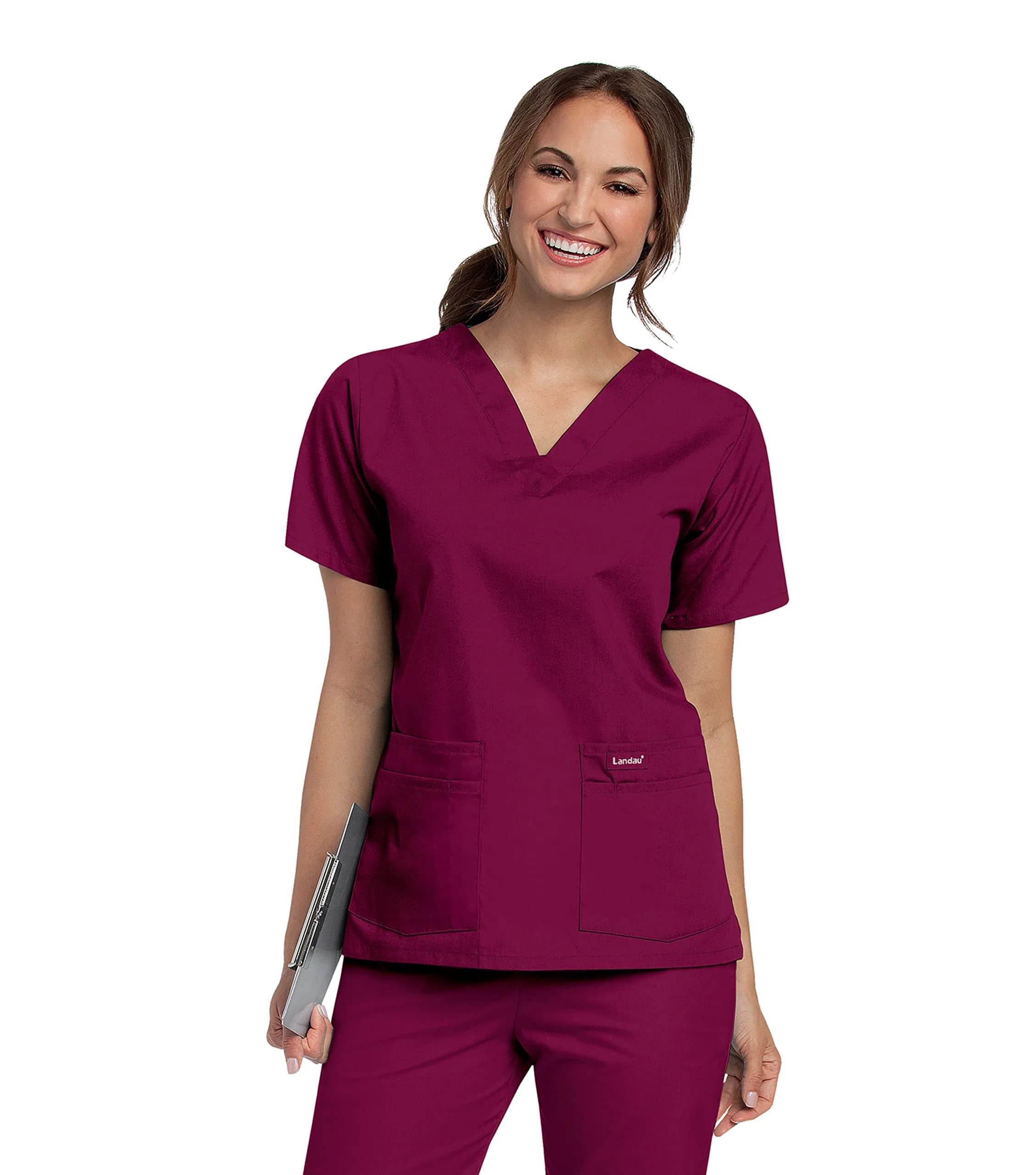Landau Essentials Relaxed Fit 4-Pocket V-Neck Scrub Top for Women 8219 Wine | Comfortable, Durable Medical Uniform