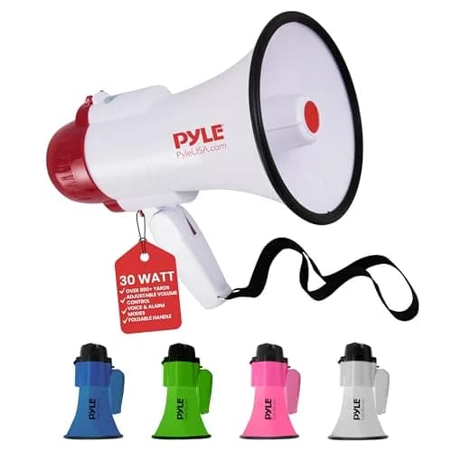 Pyle Compact Battery-Operated Megaphone with Siren - 30W Power, 1200 Yards Range, Foldable Handle (Blue) — White & Red