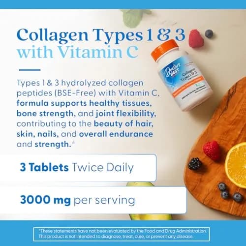 Doctor's Best Collagen Peptides Types 1 & 3 Supplement 180 Tablets | Supports Hair, Skin, Nails & Joints thumbnail 2