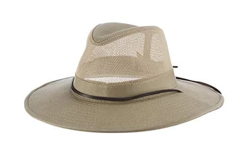 Dorfman Pacific Men's Brushed Twill-and-Mesh Safari Hat with Genuine Leather Trim Khaki | Wide Brim Sun Hat for Men thumbnail 1