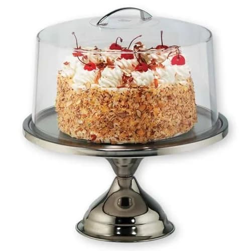 Tablecraft Clear Acrylic Cake Stand with Dome & Stainless Steel Base 33cm (13") | Commercial Grade Serveware for Parties & Bakeries thumbnail 1
