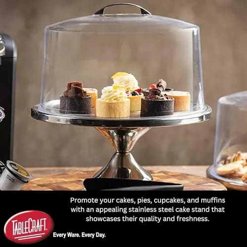 Tablecraft Clear Acrylic Cake Stand with Dome & Stainless Steel Base 33cm (13") | Commercial Grade Serveware for Parties & Bakeries thumbnail 3