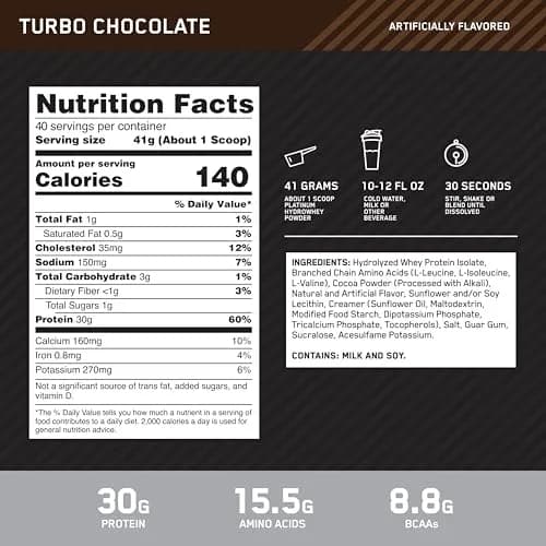 Optimum Nutrition Platinum HydroWhey Protein Powder, Turbo Chocolate, 1.82 kg (4 LB) | Fast-Acting Hydrolyzed Whey Isolate thumbnail 3