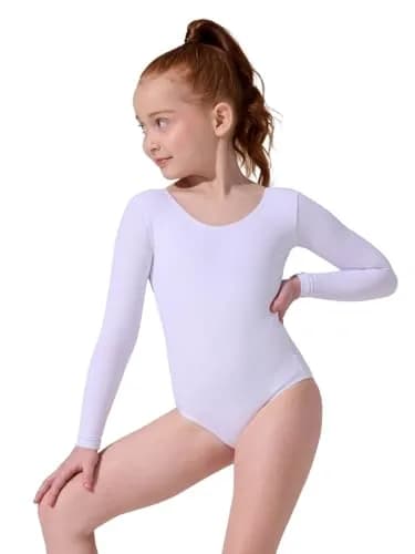 Capezio Little Girls' Team Basics Long Sleeve Leotard, White, 6-8 | Breathable, Fitted for Dance & Cheer thumbnail 1