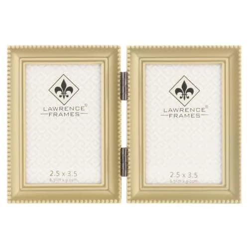 Lawrence Brushed Brass Hinged Double 2.5x3.5 Picture Frame Beaded Edge Design | Heavy Gauge Steel, Velvet Backing thumbnail 1