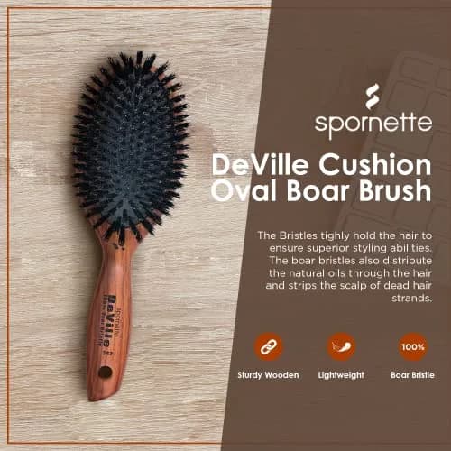 SPORNETTE Deville Boar Bristle Wooden Paddle Hair Brush for Women - Cushion Oval Hair Straightening Brush for Blow Drying, Detangling, Smoothing & Styling thumbnail 2