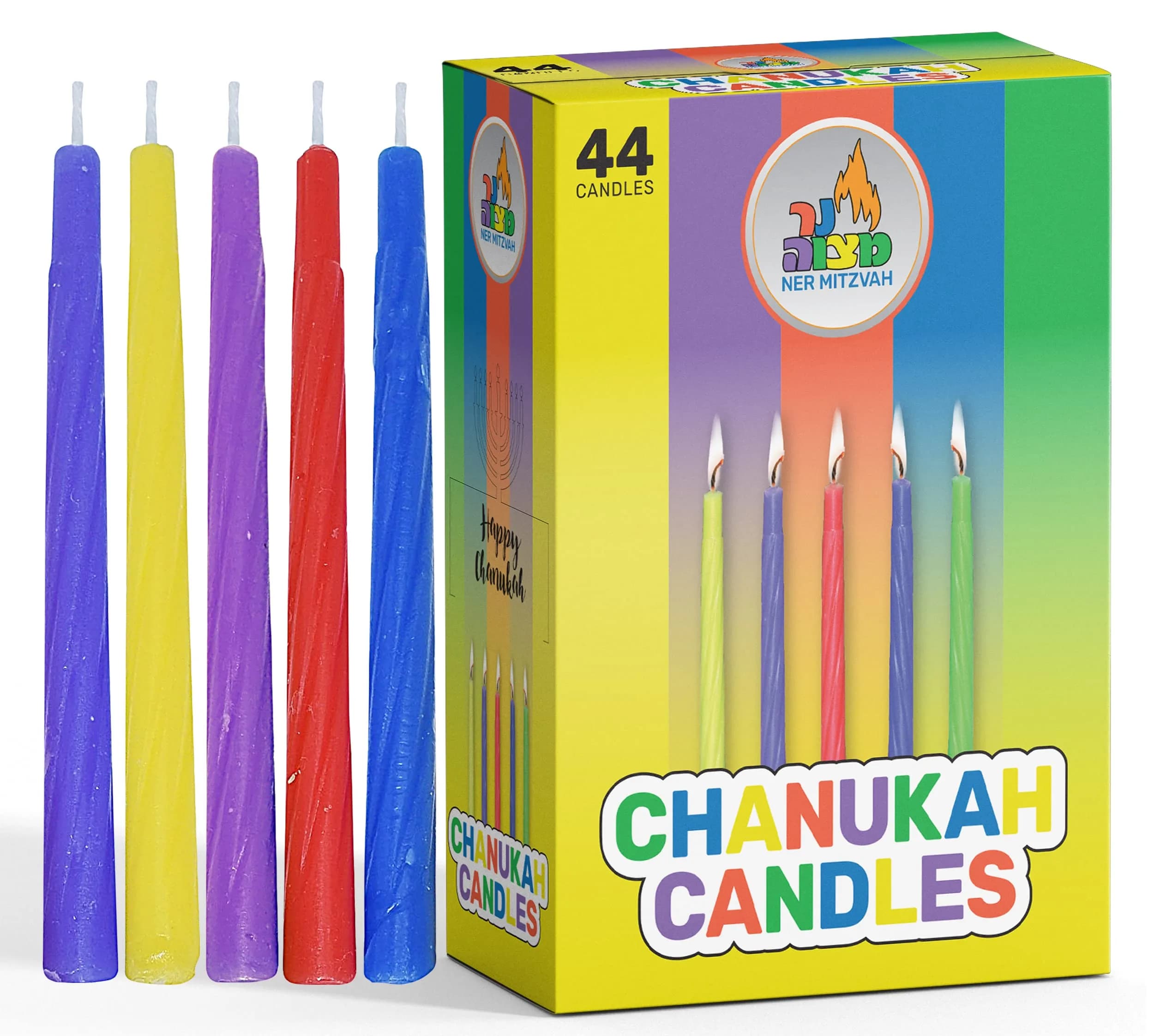 Ner Mitzvah Colorful Chanukah Candles 1-Pack - Standard Size Fits Most Menorahs - Premium Quality Wax - Assorted Colors - Bulk Pack for All 8 Nights of Hanukkah — Multicolor