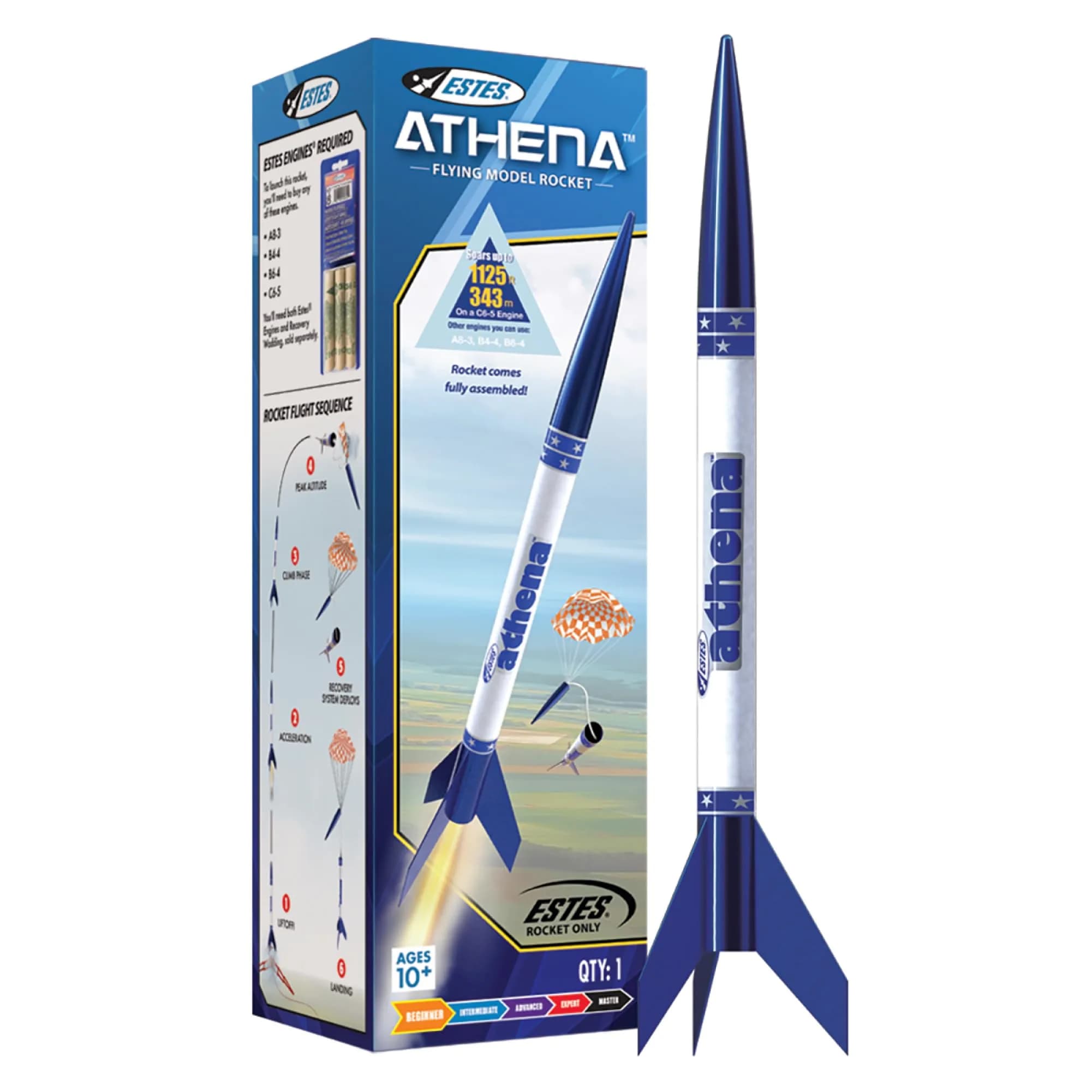 Estes Athena Rocket-Building Kit for Ages 10+ | Ready-to-Fly Model Rocket with Parachute (17 in / 43 cm, Blue) — Brown