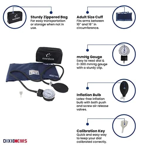 Dixie EMS Deluxe Aneroid Sphygmomanometer Blood Pressure Set with Adult Cuff, Carrying Case & Calibration Tool - Navy | 25.4cm-40.6cm (10"-16") thumbnail 2