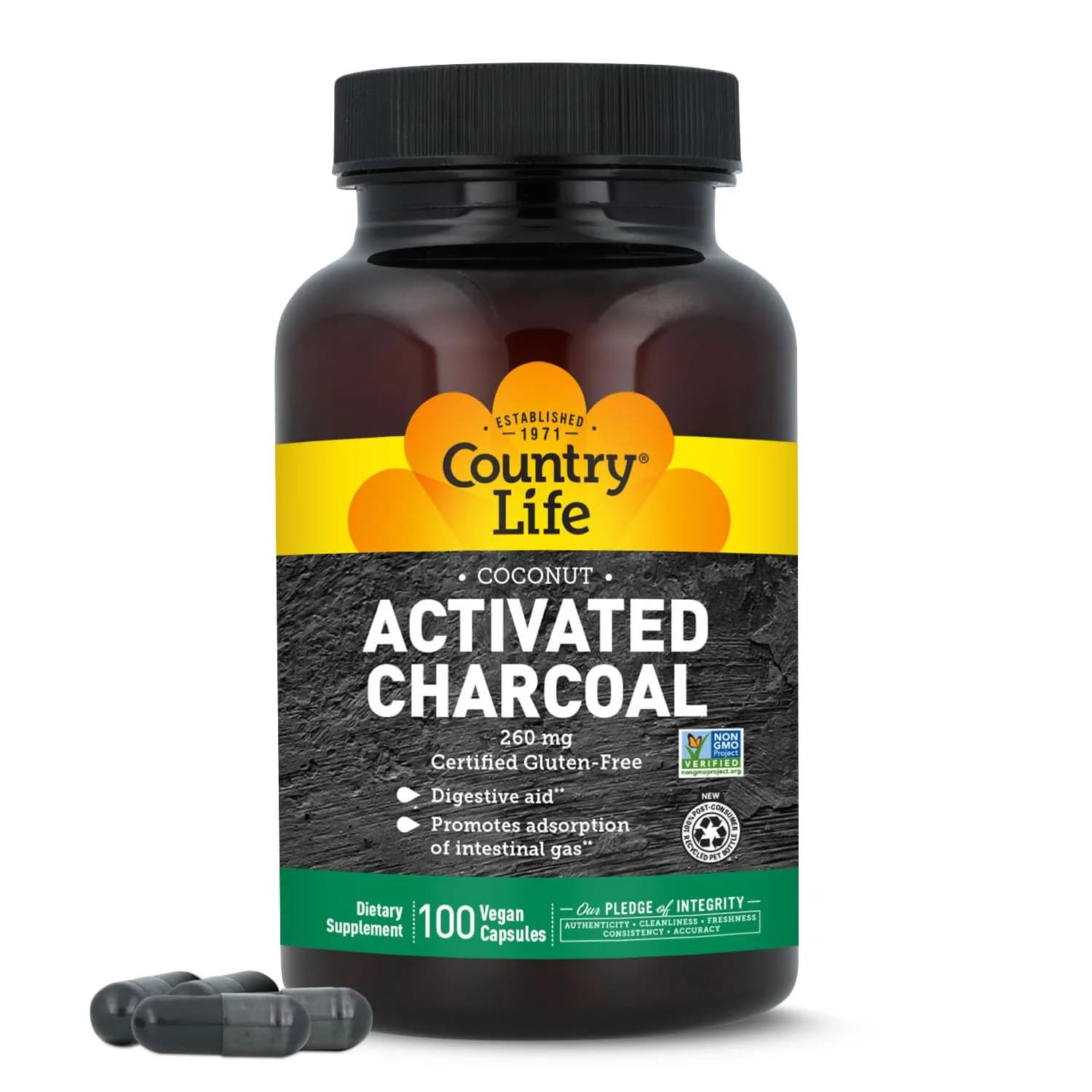 Country Life Coconut Activated Charcoal 260 mg | Vegan Digestive Support for Adults — Black