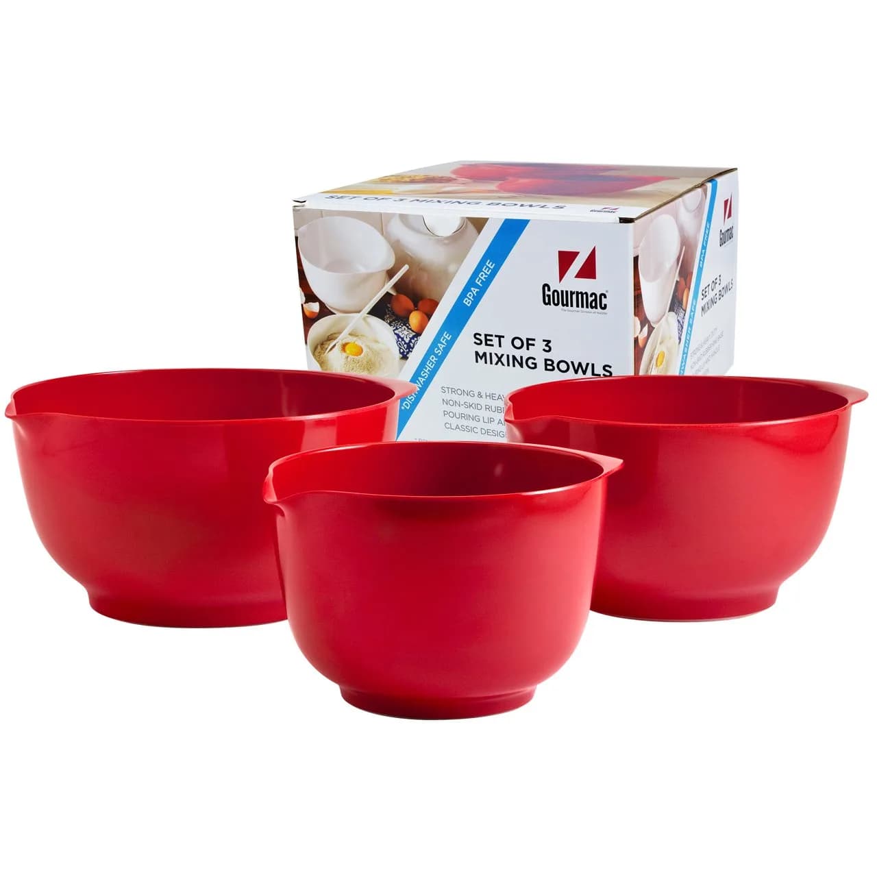 Hutzler Melamine Mixing Bowl Set: 2, 3, and 4 Liters (67.6, 101.4, 135.2 oz) | BPA-Free & Dishwasher Safe Red Bowls - main product image