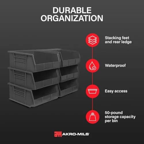 Akro-Mils AkroBins Plastic Storage Bins 11"x11"x5" Black 6-Pack | Heavy Duty Industrial Organizer thumbnail 3