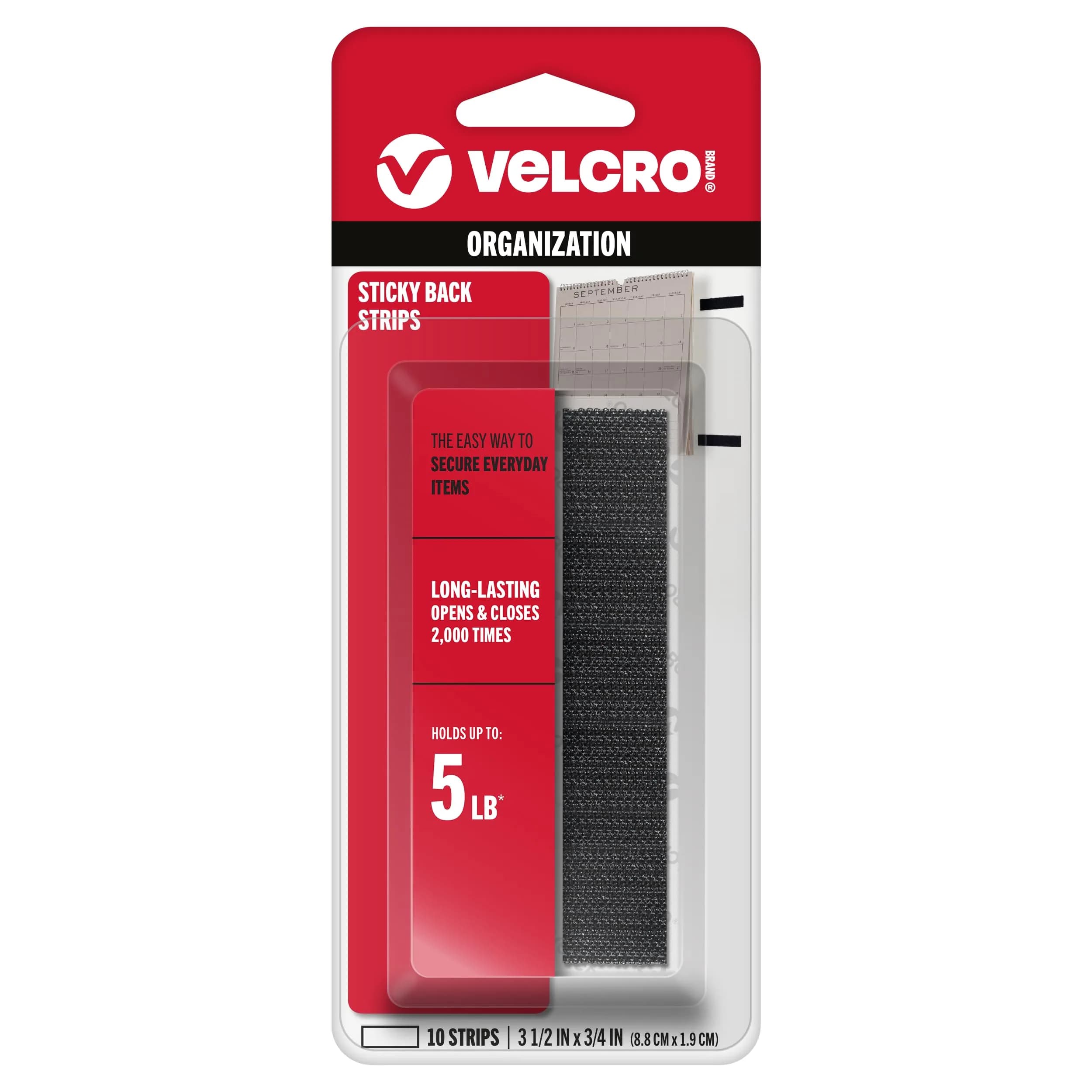 VELCRO Brand Sticky Back Tape Strips with Adhesive, Black 1.9cm (3/4 In) x 8.9cm (3 1/2 In) | Hook and Loop Fasteners for Home Organization, Classroom or Office (10 Strips) — Black