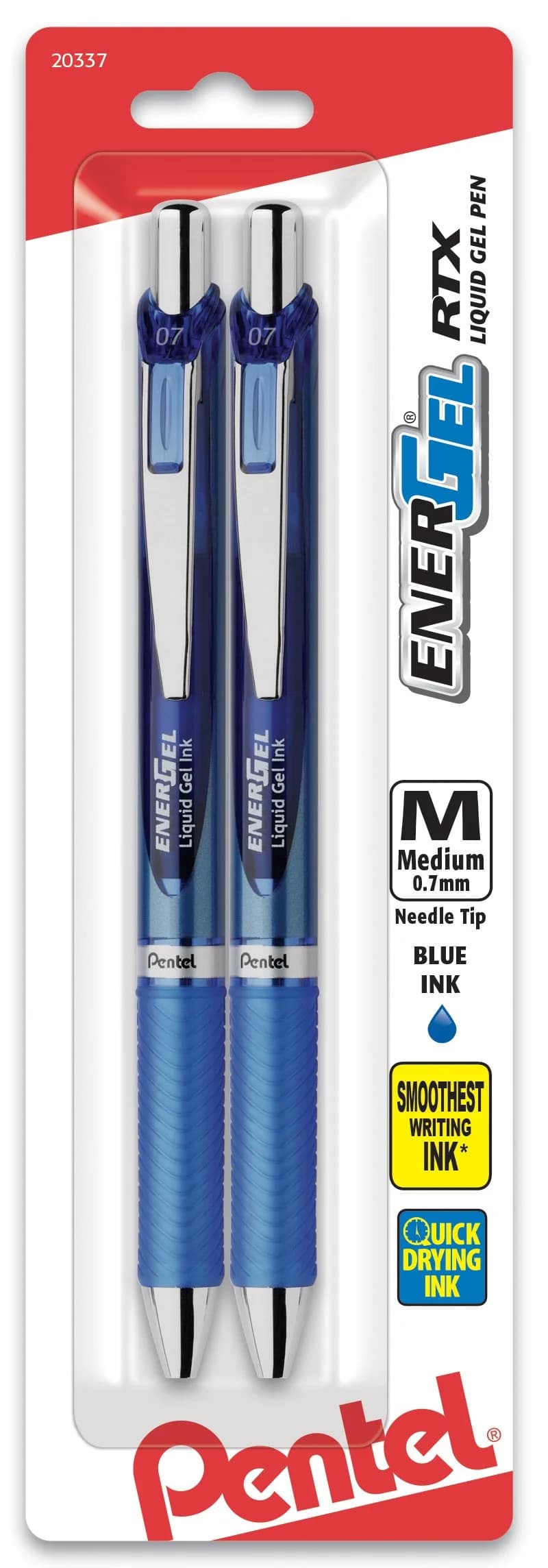 Pentel EnerGel RTX Retractable Liquid Gel Pen, 0.7mm Medium Line, Black Ink, 2 Count | Smooth Ink Flow for Left-Handed Writers — 2-Pack