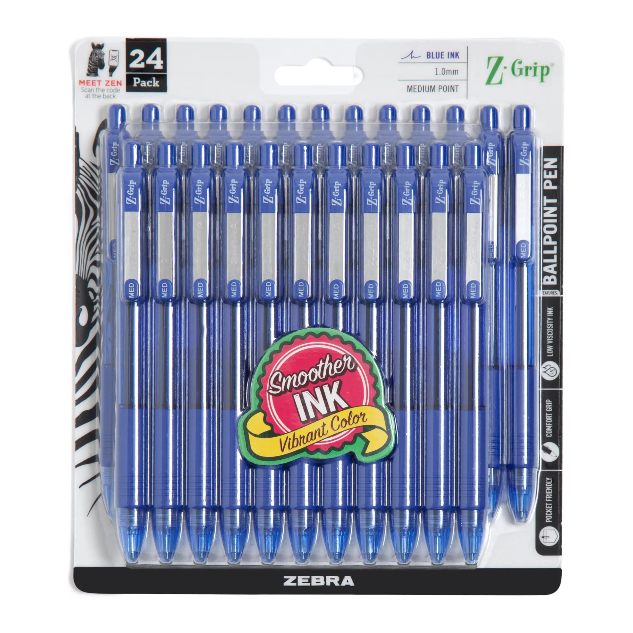 Zebra Pen Z-Grip Retractable Ballpoint Pen, Blue Ink, 1.0mm, 24-Pack | Smooth Writing, Medium Point Tip, Ideal for Planners, Note-Taking, School and Office Supplies, and Everyday Writing — Blue D