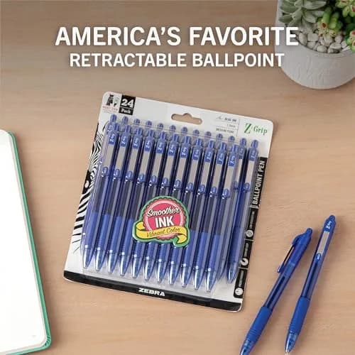 Zebra Pen Z-Grip Retractable Ballpoint Pen, Blue Ink, 1.0mm, 24-Pack | Smooth Writing, Medium Point Tip, Ideal for Planners, Note-Taking, School and Office Supplies, and Everyday Writing thumbnail 2