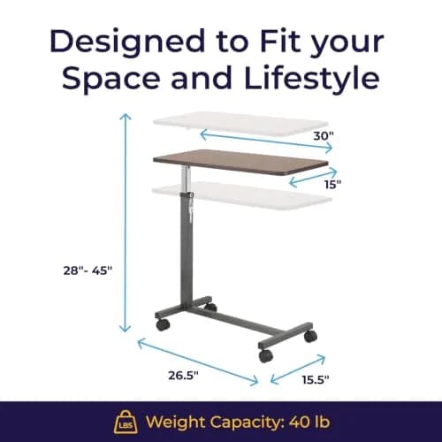 Drive Medical Overbed Table with Wheels | Stable, Adjustable Bedside Surface in Walnut Finish thumbnail 7