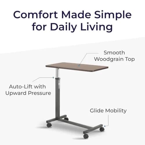 Drive Medical Overbed Table with Wheels | Stable, Adjustable Bedside Surface in Walnut Finish thumbnail 4