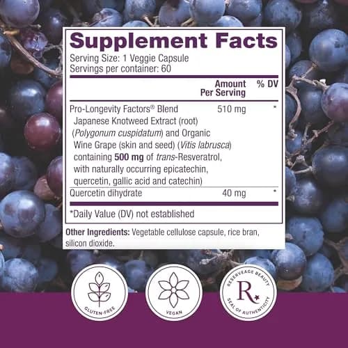 Reserveage Nutrition Resveratrol 500 mg Capsules | Antioxidant Supplement for Cellular Health thumbnail 2