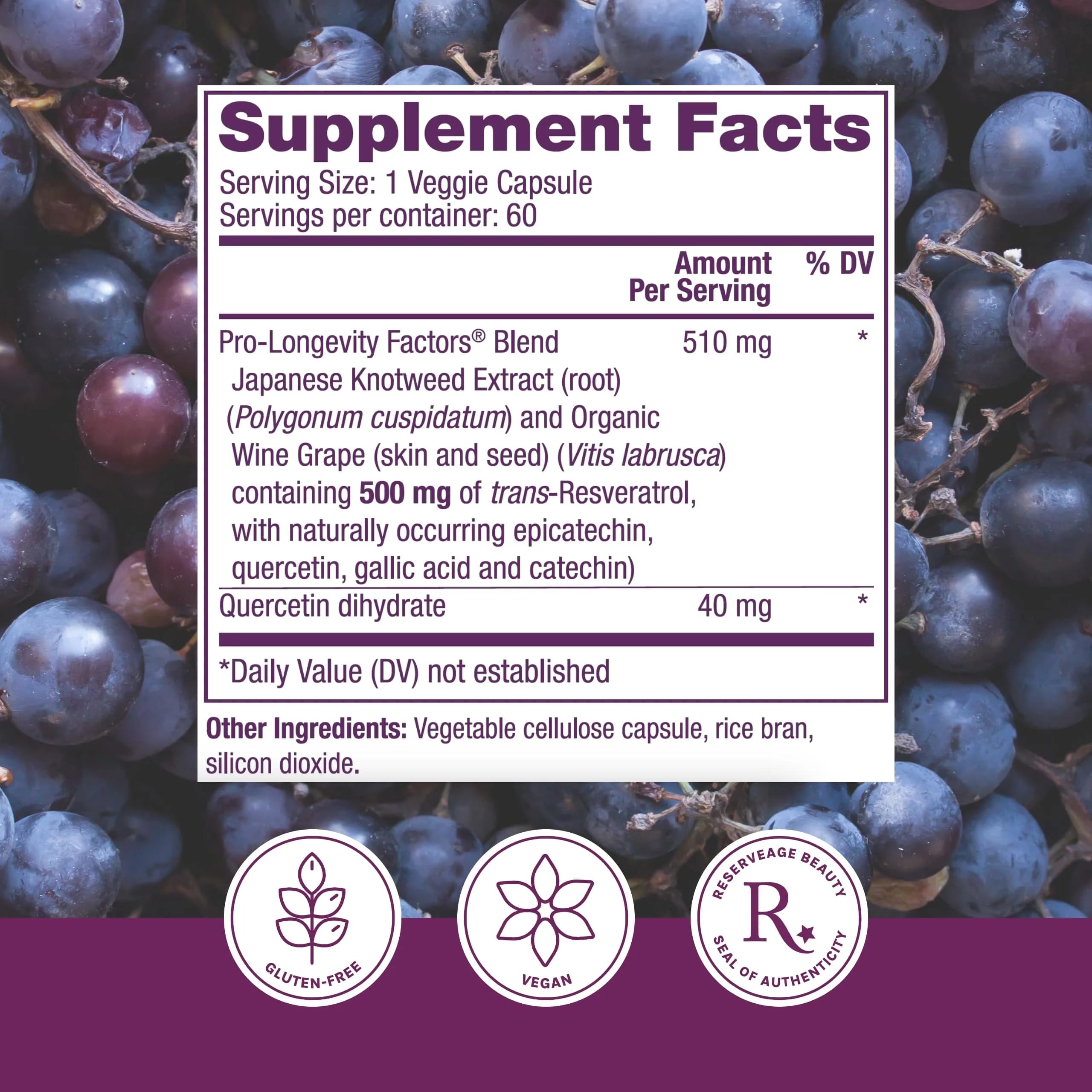 Reserveage Nutrition Resveratrol 500 mg Capsules | Antioxidant Supplement for Cellular Health - view 2