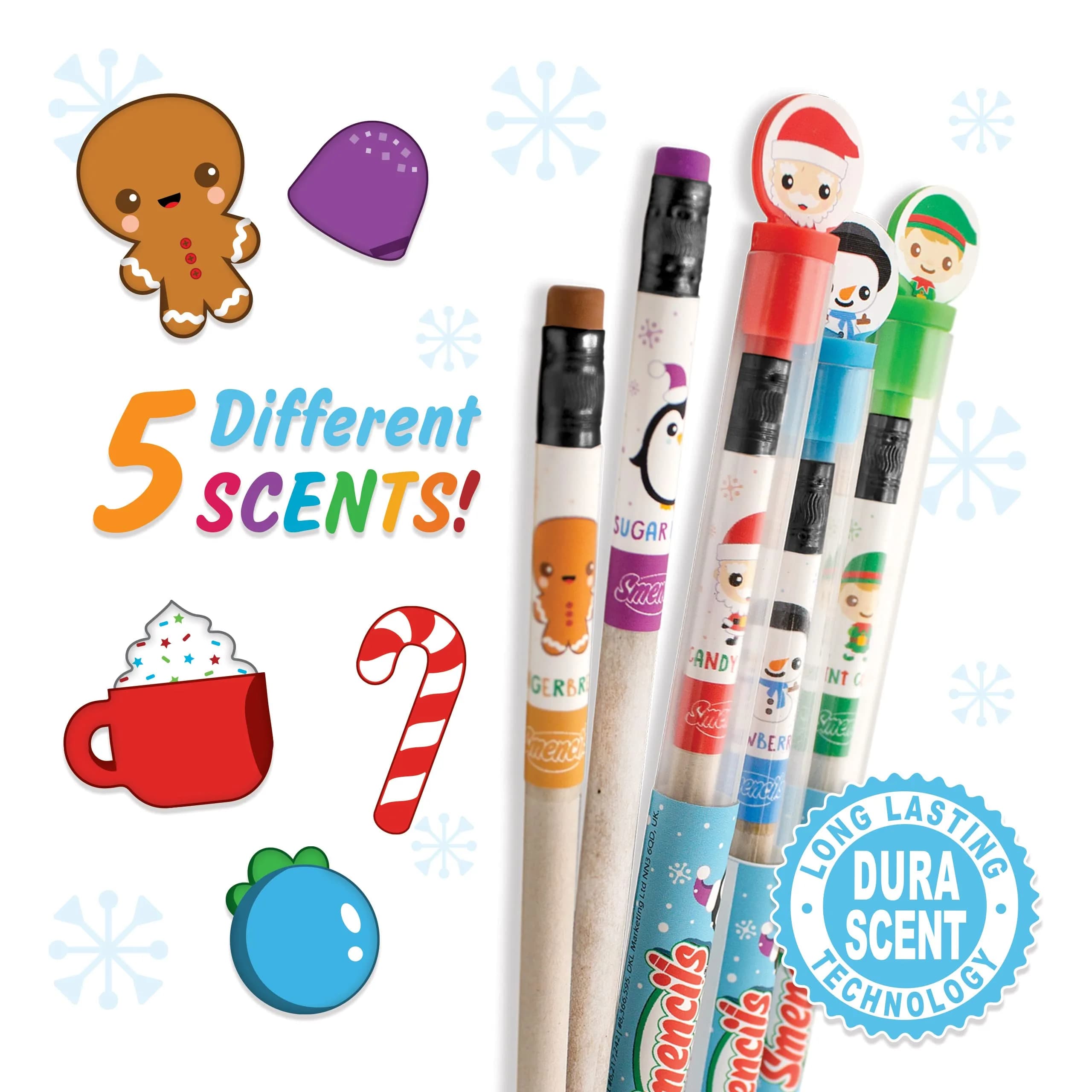 Scentco Holiday Smencils - HB #2 Scented Fun Pencils, 5 Count | Holiday-themed, Recycled Newspaper, Long-lasting Scents