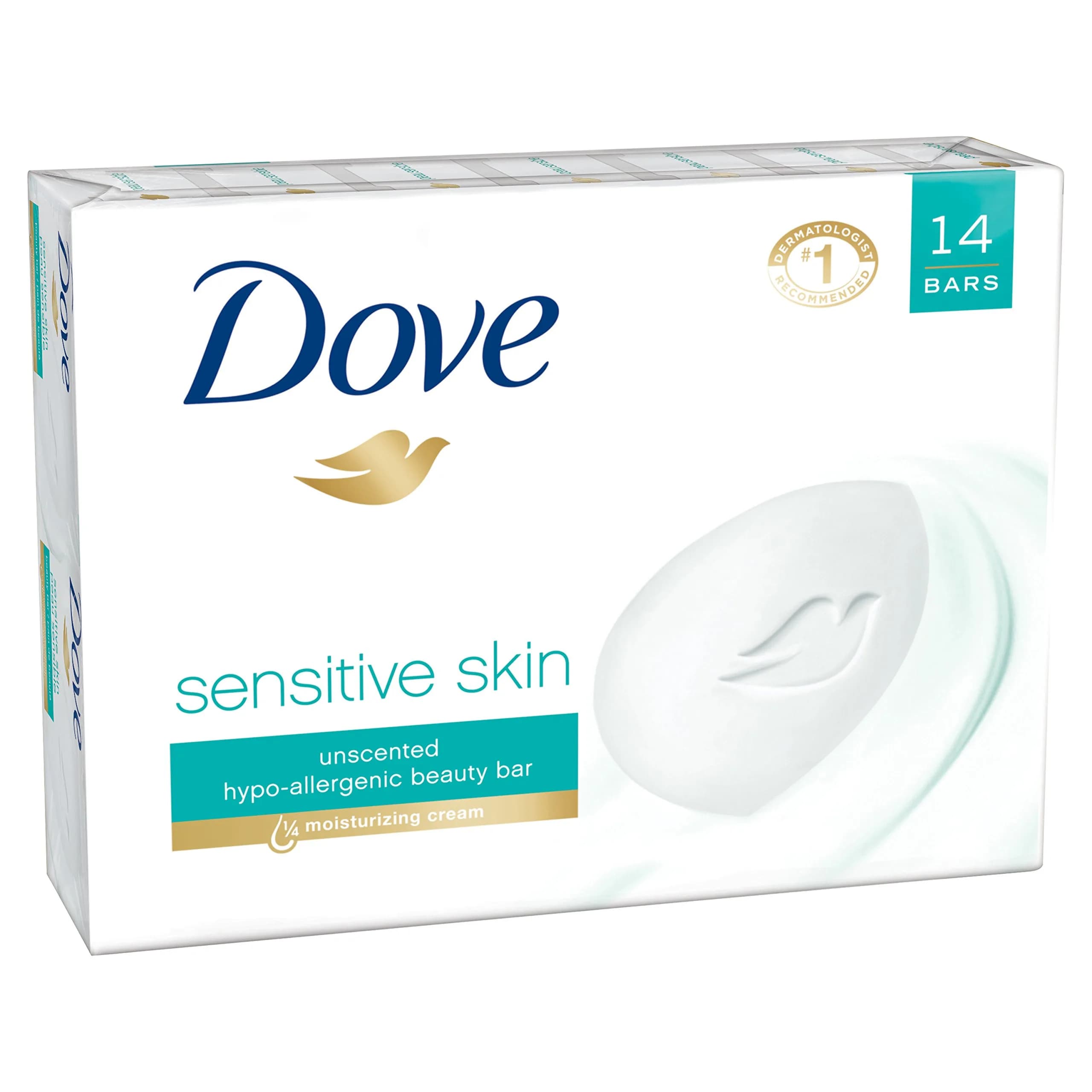 Dove Sensitive Skin Beauty Bar Soap, Unscented, Hypoallergenic, Gentle Cleanser for Delicate Skin (14 Bars) - main product image