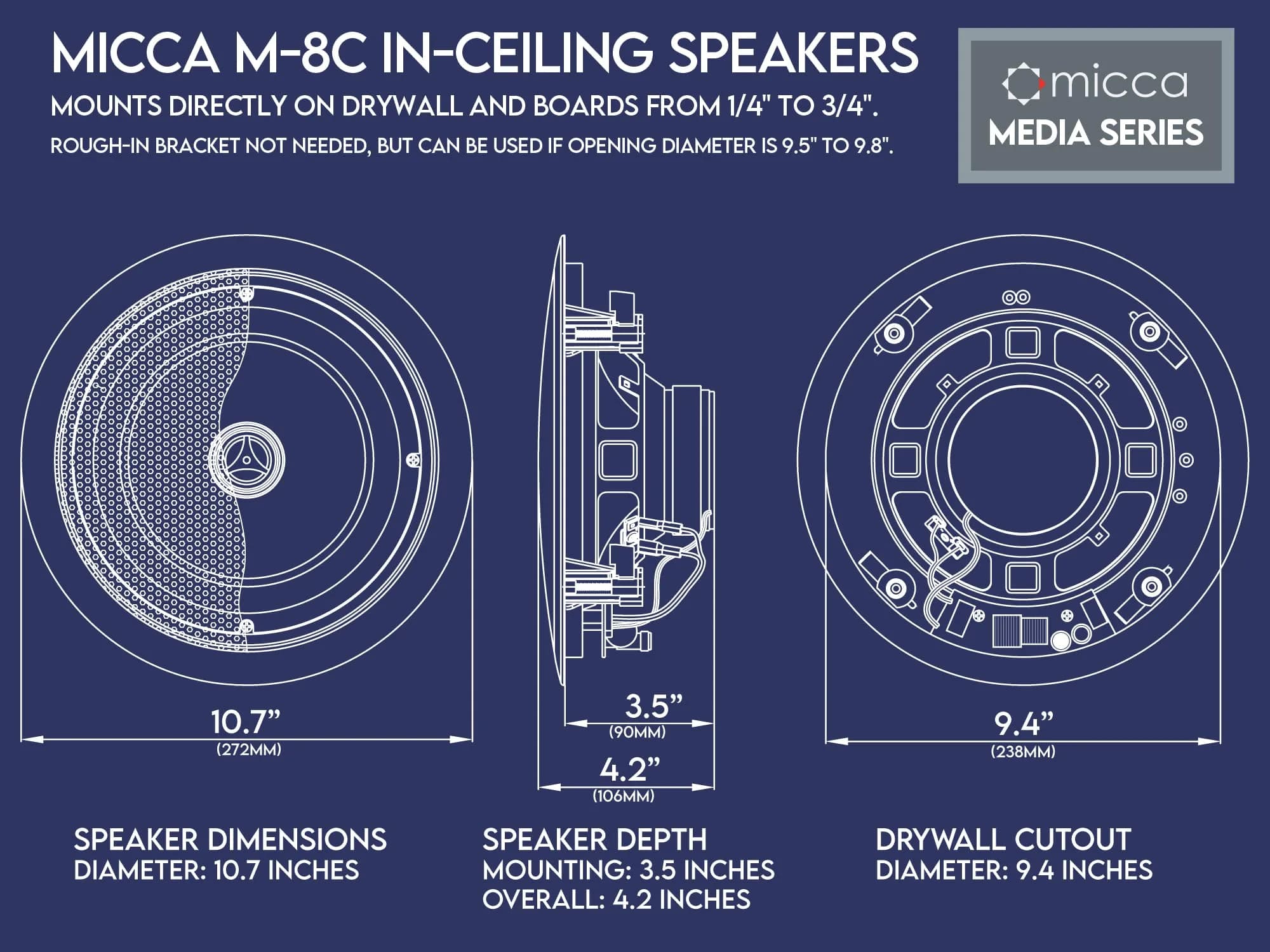 Micca M-8C 8-Inch 2-Way In-Ceiling Speaker, Round, White, 200 Watts (Each) | 20.3 cm (8") Woofer, 2.5 cm (1") Aimable Silk Tweeter - view 6