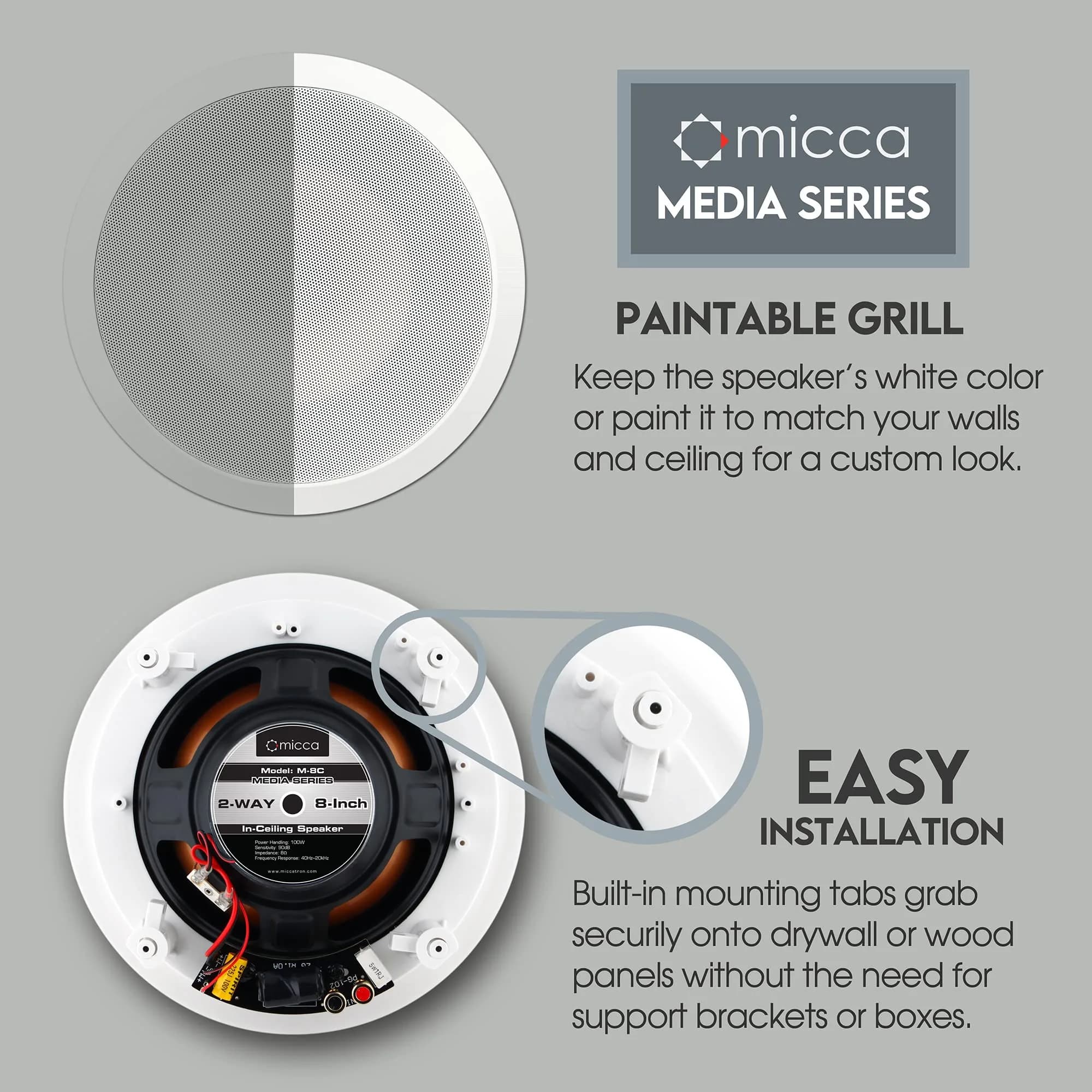 Micca M-8C 8-Inch 2-Way In-Ceiling Speaker, Round, White, 200 Watts (Each) | 20.3 cm (8") Woofer, 2.5 cm (1") Aimable Silk Tweeter - view 3
