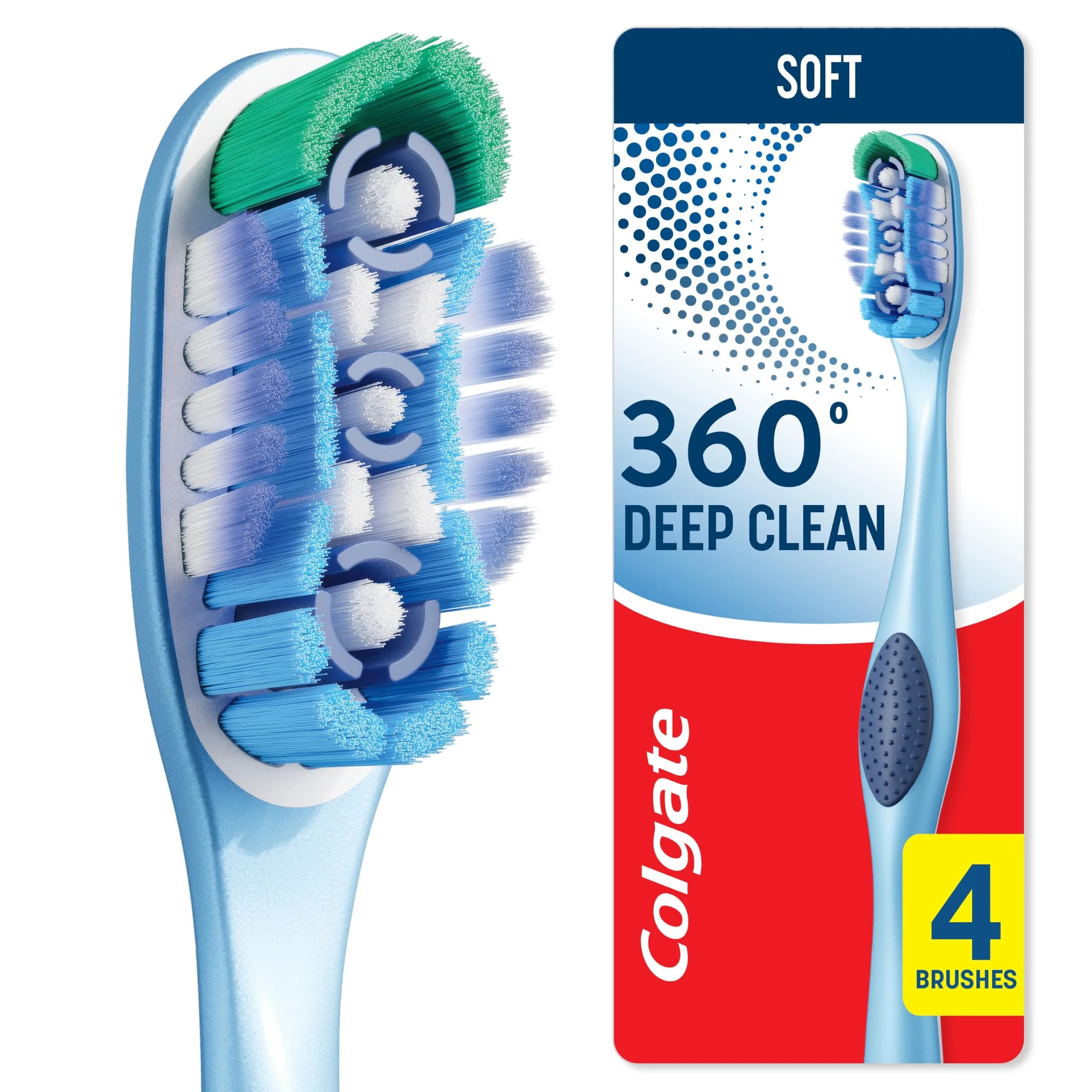 Colgate 360 Deep Clean Soft Toothbrushes, 4 Count (Pack of 1) | Multi-Height Bristles & Tongue Cleaner — Multicolored