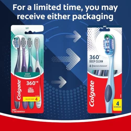 Colgate 360 Deep Clean Soft Toothbrushes, 4 Count (Pack of 1) | Multi-Height Bristles & Tongue Cleaner thumbnail 2