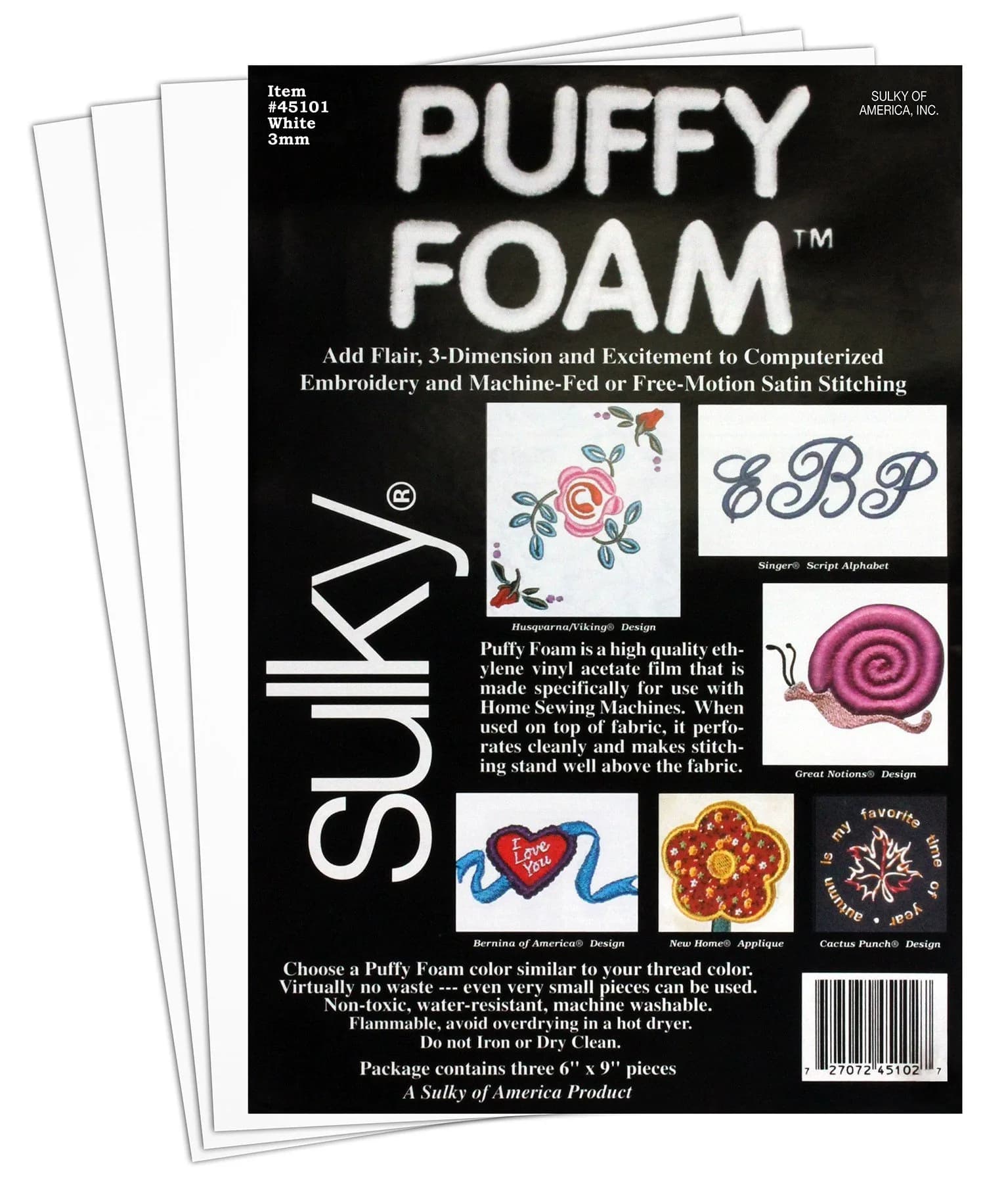 Sulky of America 3mm Puffy Foam Sheet 15cm x 23cm (6" x 9") | Stabilizes Fabric Instantly — White