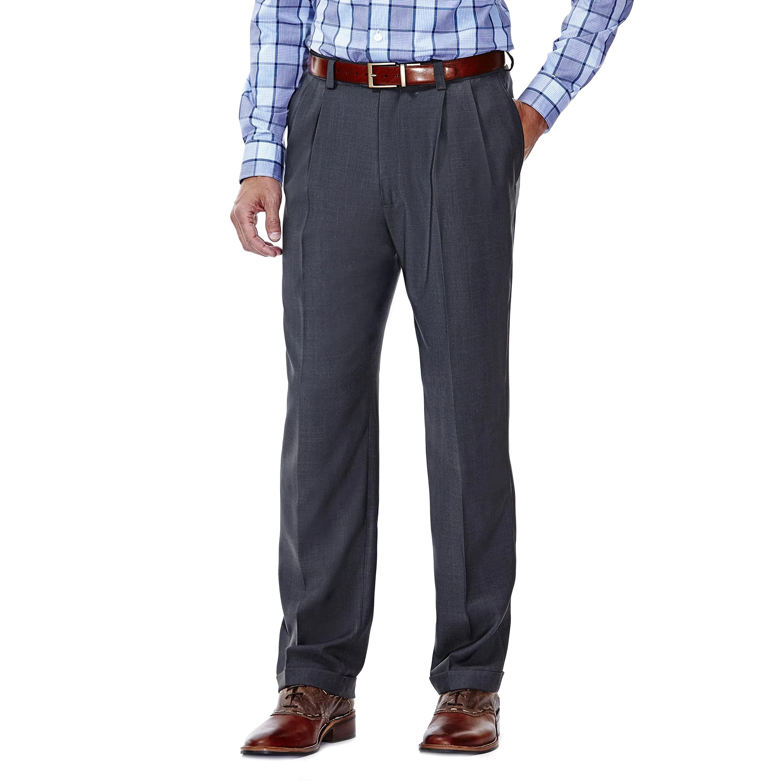 Haggar Men's E-Clo Repreve Classic Fit Pleat Front Dress Pant with Hidden Expandable Waistband Medium Grey 34W x 29L | Recycled Water Bottle Fabric