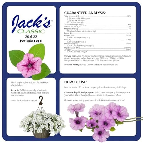 Jack's Classic 20-6-22 Petunia Feed Water-Soluble Fertilizer 10lb | Iron & Micronutrients for Lush Growth thumbnail 2