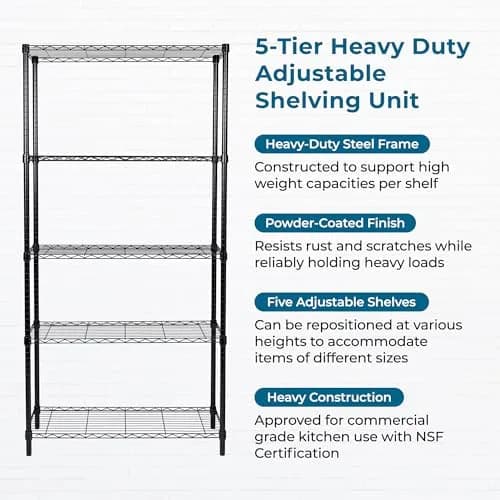 Honey-Can-Do 5-Tier Black Wire Shelf Unit 213cm (72in) | Heavy Duty 1000lb Capacity for Home & Garage thumbnail 4