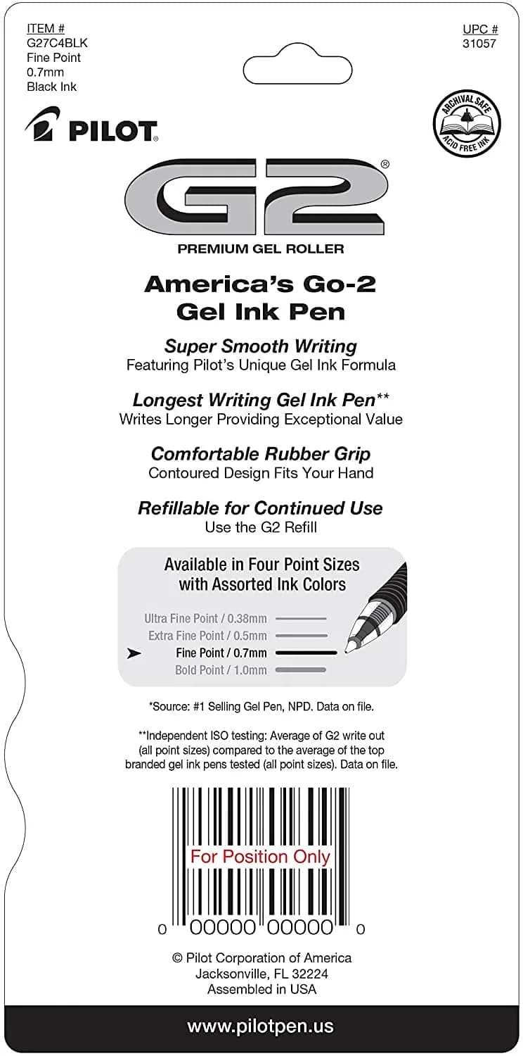 PILOT G2 Premium Rolling Ball Gel Pens, Black Ink, 0.7mm Fine Point, 4-Pack | Smooth Writing for Students & Office - view 3