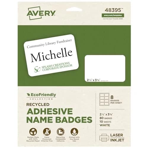Avery EcoFriendly Recycled Name Tags 2-1/3" x 3-3/8" White Removable Adhesive 80 Printable Name Badges | Made with 100% Post-Consumer Recycled Paper — 0