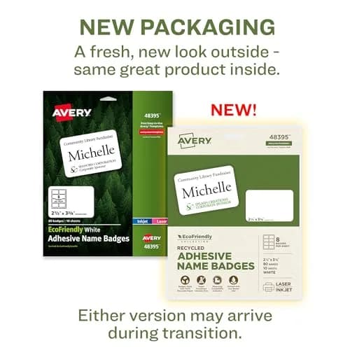 Avery EcoFriendly Recycled Name Tags 2-1/3" x 3-3/8" White Removable Adhesive 80 Printable Name Badges | Made with 100% Post-Consumer Recycled Paper thumbnail 2