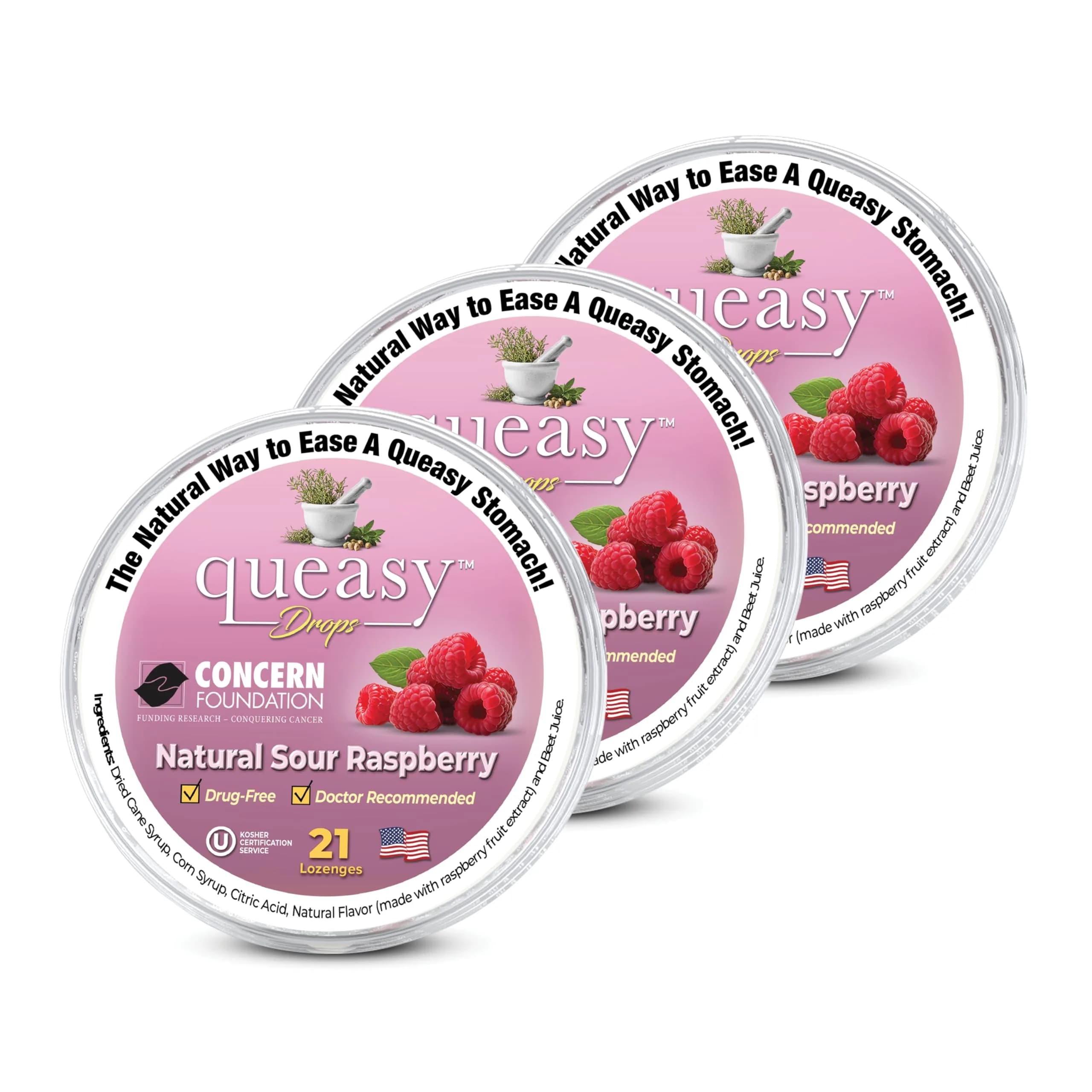 Three Lollies Queasy Drops - Sour Raspberry Flavor - Travel Sickness & Nausea Relief, Soothes Stomach & Dry Mouth, Natural Ingredients - 21ct (3-Pack)