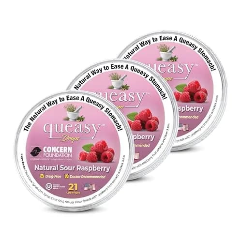 Three Lollies Queasy Drops - Sour Raspberry Flavor - Travel Sickness & Nausea Relief, Soothes Stomach & Dry Mouth, Natural Ingredients - 21ct (3-Pack) thumbnail 1