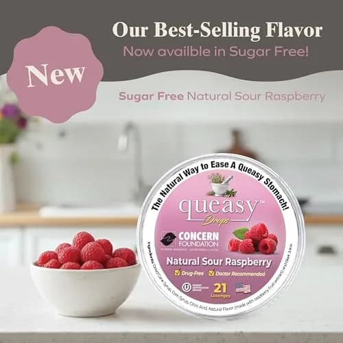 Three Lollies Queasy Drops - Sour Raspberry Flavor - Travel Sickness & Nausea Relief, Soothes Stomach & Dry Mouth, Natural Ingredients - 21ct (3-Pack) thumbnail 3