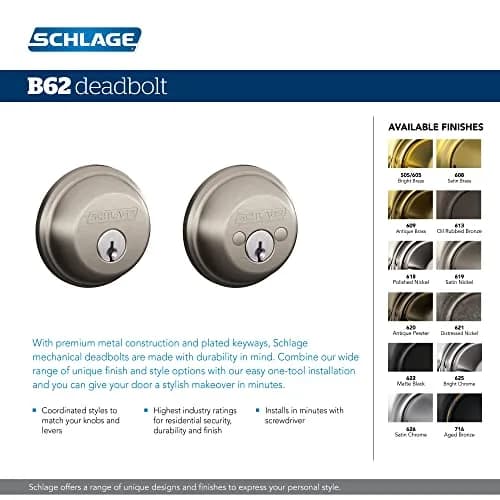 SCHLAGE B62N609 Double Cylinder Deadbolt, Keyed 2 Sides, Antique Brass, 16.51 cm (6.5 in) thumbnail 4