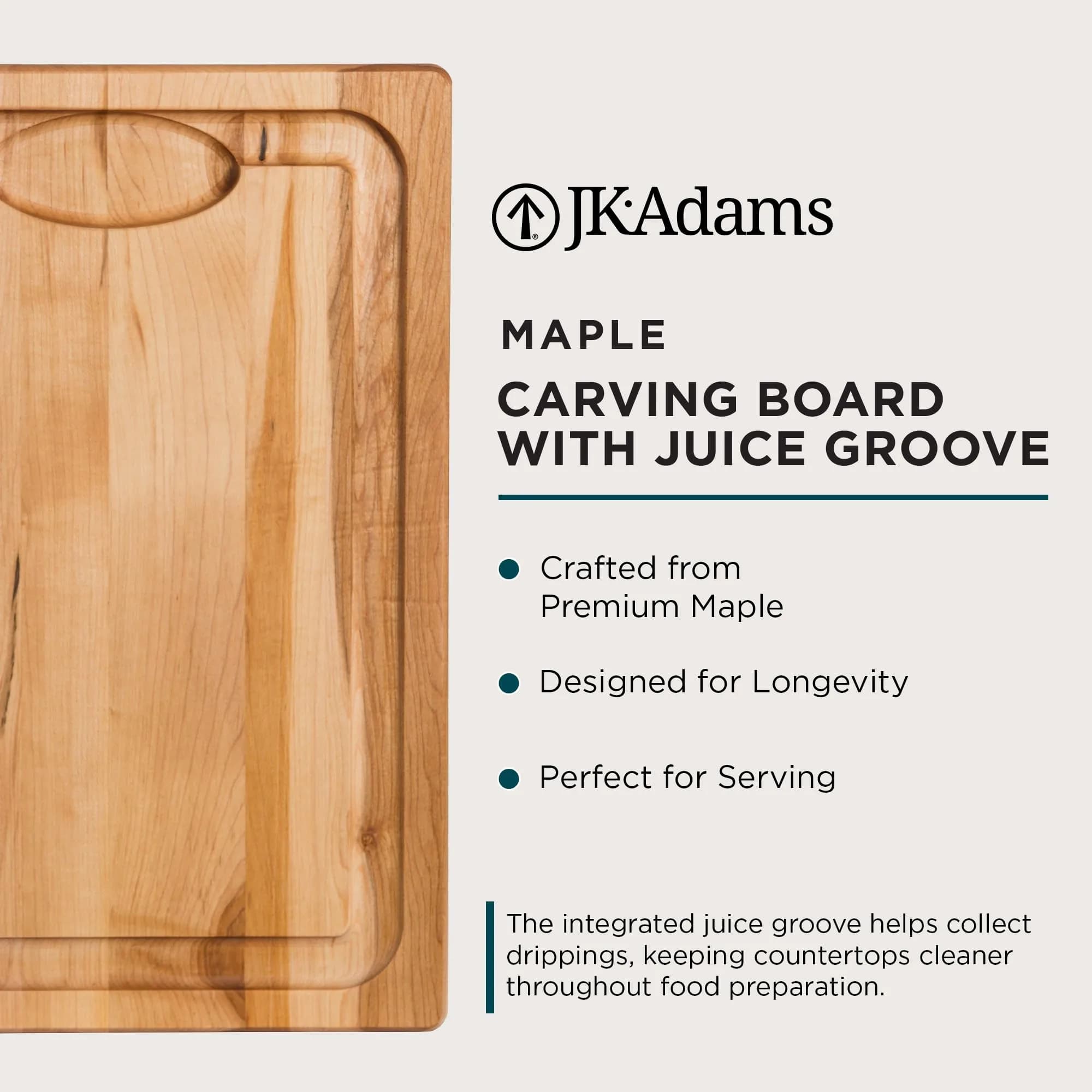 J.K. Adams Farmhouse Maple Carving Board with Juice Groove, 50.8cm x 35.5cm x 1.9cm | Premium Hardwood Craftsmanship for Everyday Use - view 3