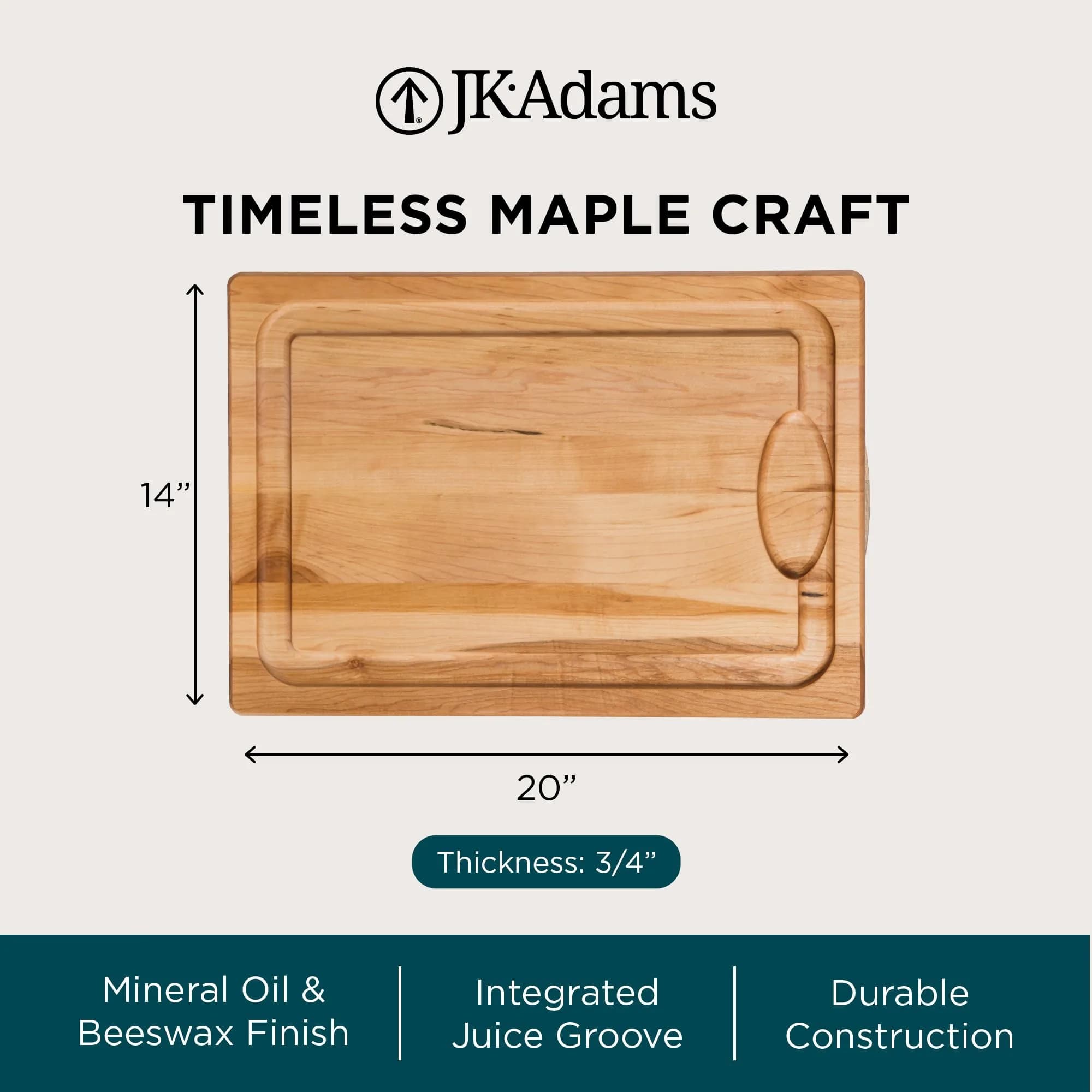 J.K. Adams Farmhouse Maple Carving Board with Juice Groove, 50.8cm x 35.5cm x 1.9cm | Premium Hardwood Craftsmanship for Everyday Use - view 4